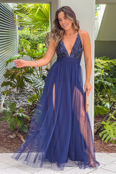 navy tulle maxi dress with sequin top and criss cross back