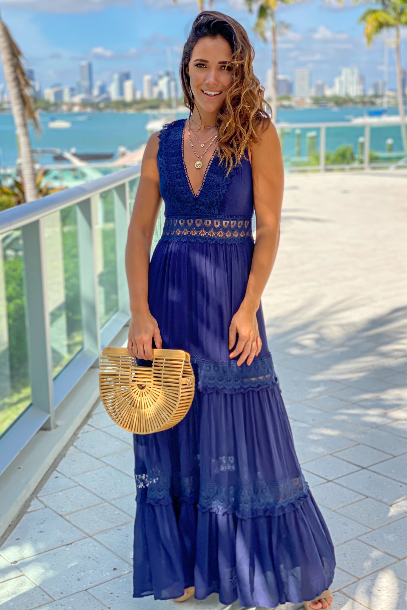 navy v-neck maxi dress with lace trim