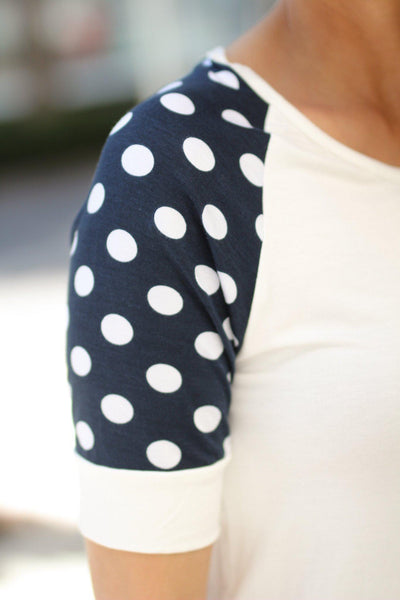 White and Navy Top Polka Dot Sleeves