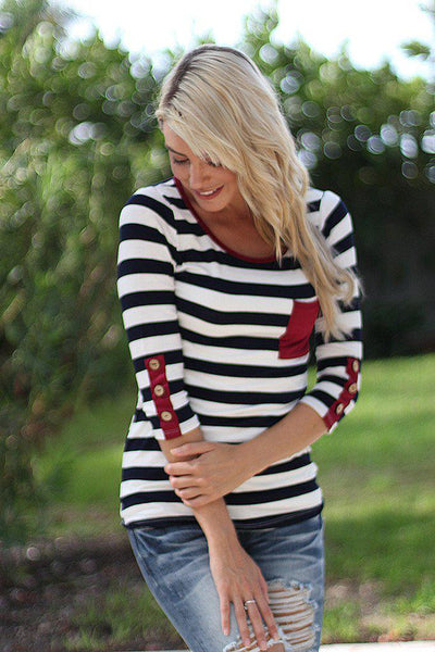 Navy and Burgundy Striped Top With Buttons