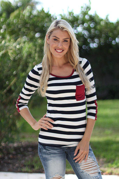 Navy and Burgundy Striped Top With Buttons