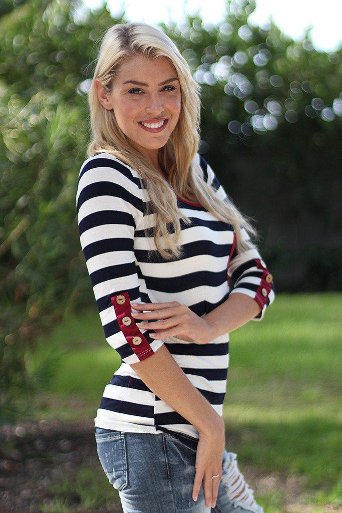Navy and Burgundy Striped Top With Buttons