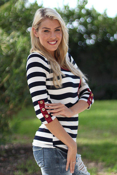 Navy and Burgundy Striped Top With Buttons