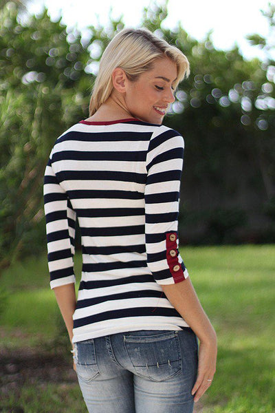 Navy and Burgundy Striped Top With Buttons