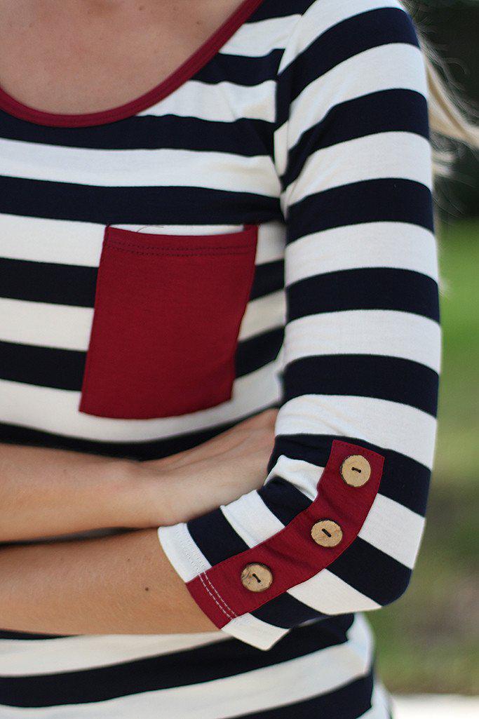 Navy and Burgundy Striped Top With Buttons