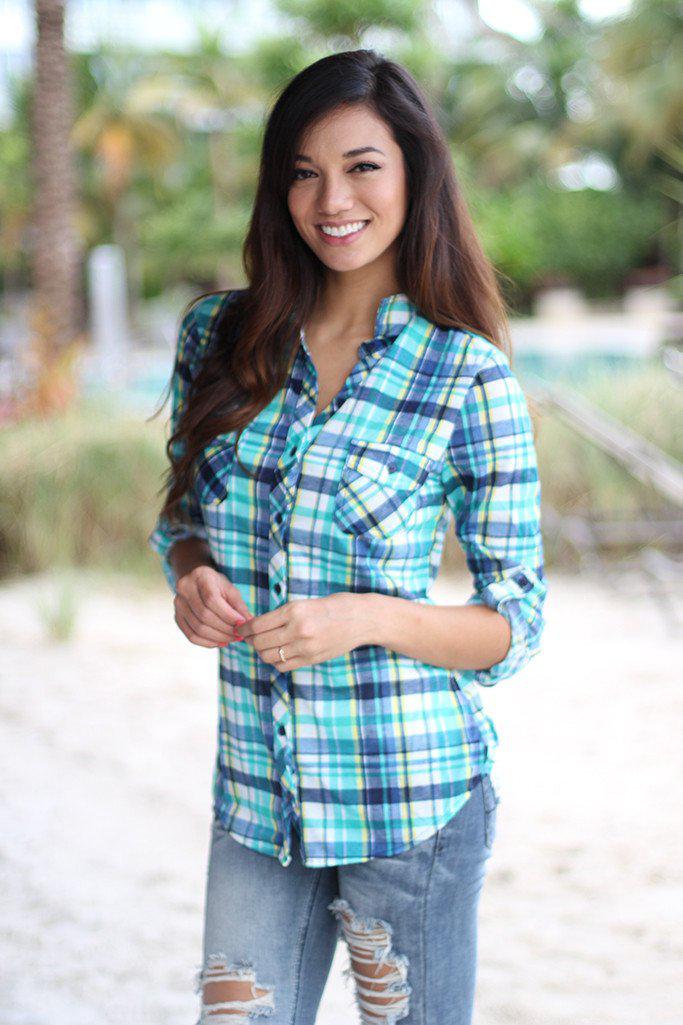 Navy And Mint Plaid Top