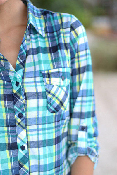 Navy And Mint Plaid Top