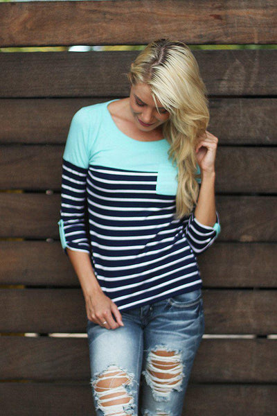Navy and Mint Striped Top With Pocket