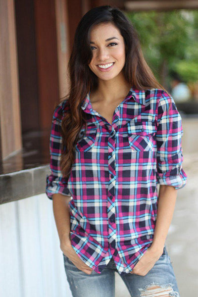 Navy And Pink Plaid Top