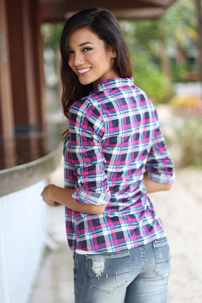 Navy And Pink Plaid Top