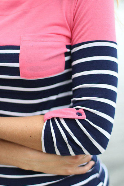 Navy and Pink Striped Top With Pocket