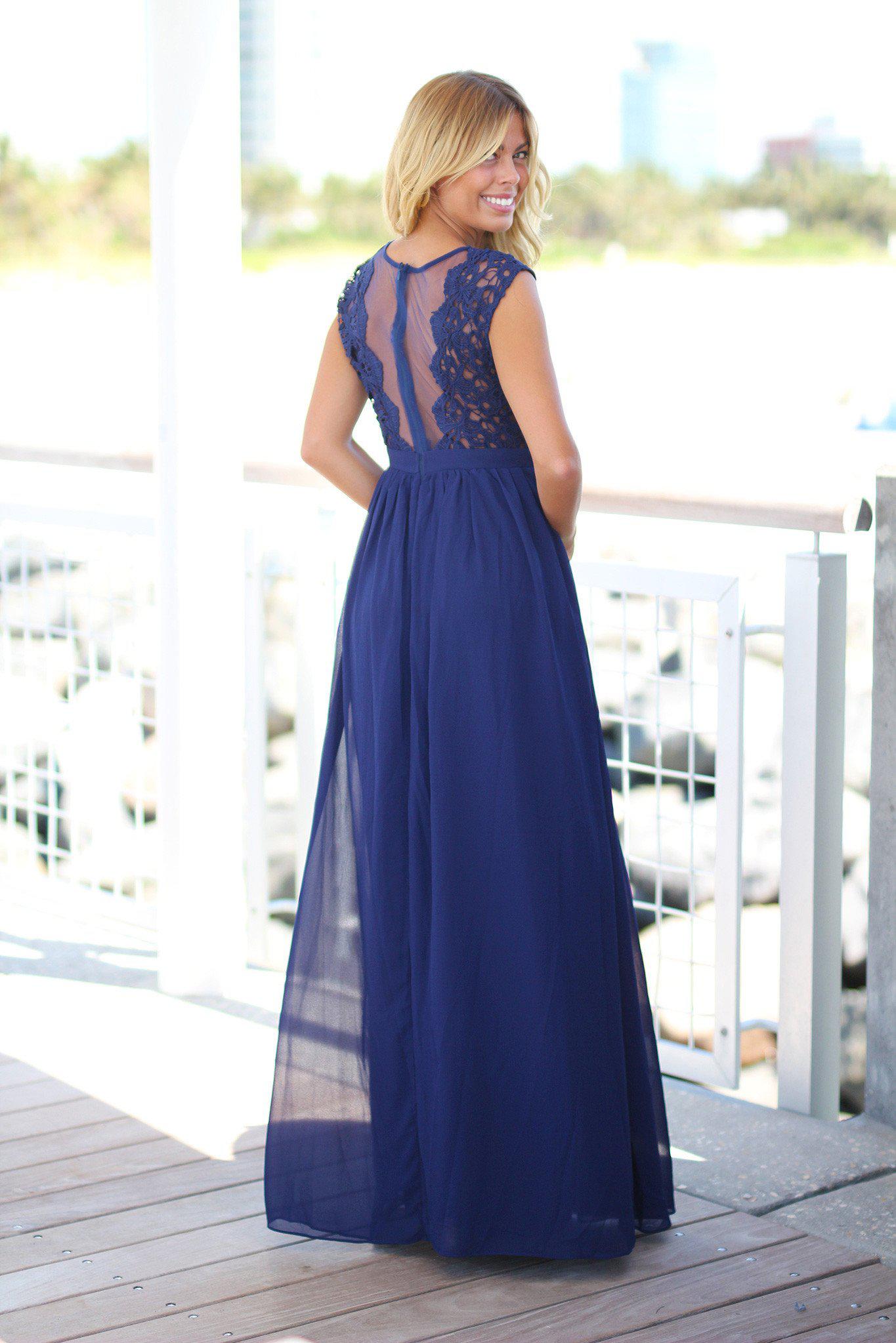 Navy Crochet Maxi Dress with Tulle Back