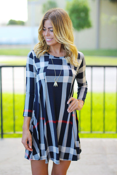 Navy Check Print Short Dress with 3/4 Sleeves