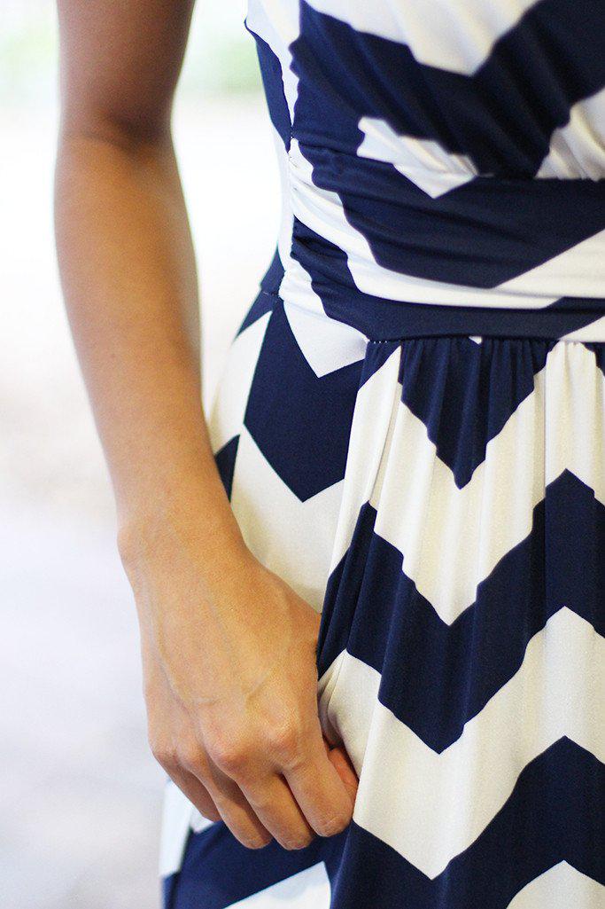 Navy Chevron Maxi Dress with Pockets
