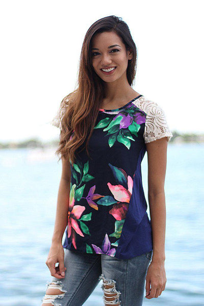 Navy Floral Top With Lace Sleeves