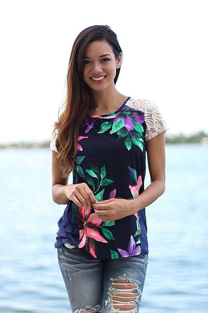 Navy Floral Top With Lace Sleeves
