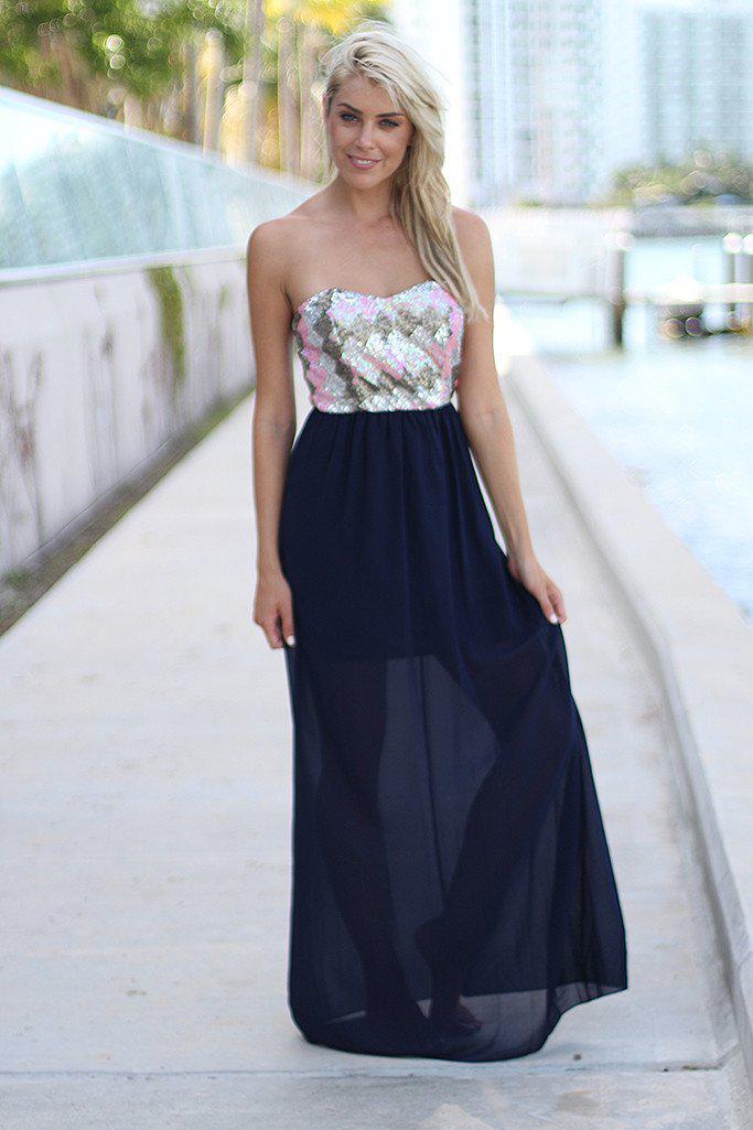 Navy Strapless Maxi Dress with Sequin Top – Saved by the Dress