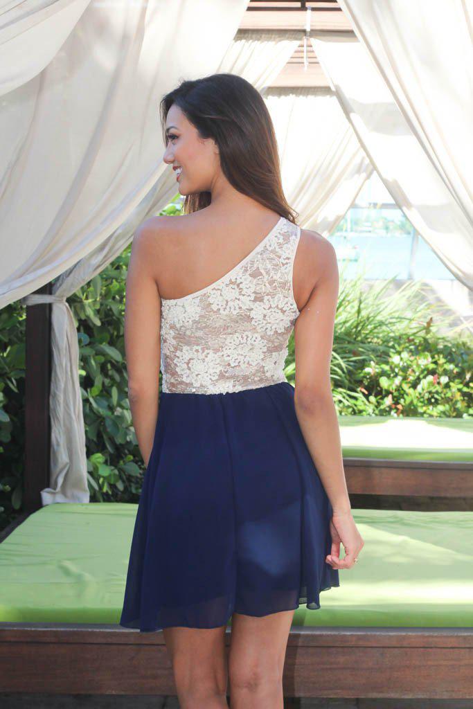 Navy And Ivory One Shoulder Dress