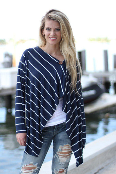 Navy Striped Cardigan With Button
