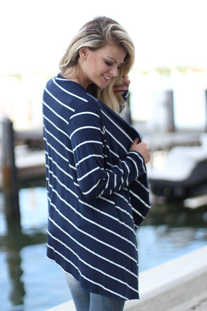 Navy Striped Cardigan With Button