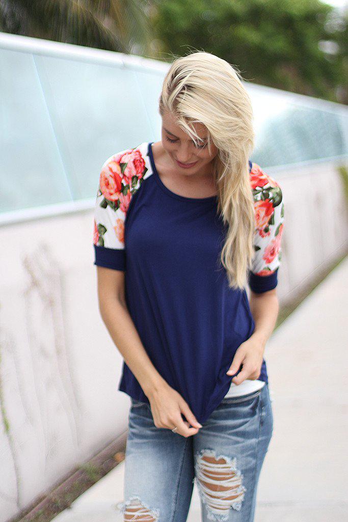 Navy Top With Floral Short Sleeves