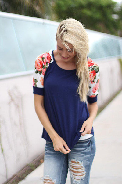 Navy Top With Floral Short Sleeves