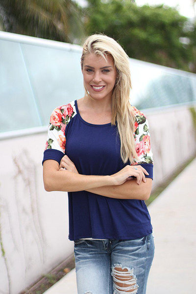 Navy Top With Floral Short Sleeves