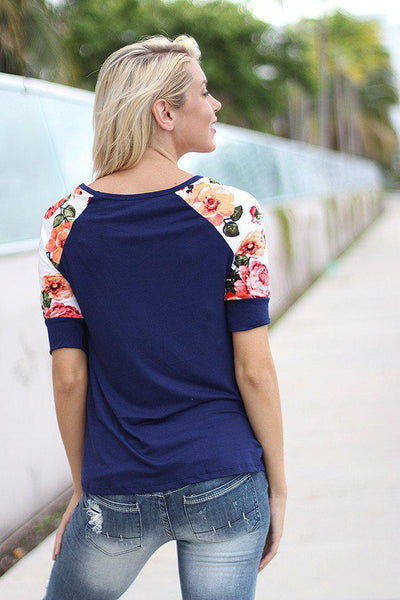 Navy Top With Floral Short Sleeves