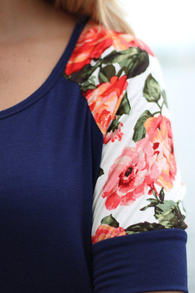 Navy Top With Floral Short Sleeves