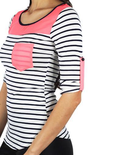 Neon Coral Striped Top With Pocket