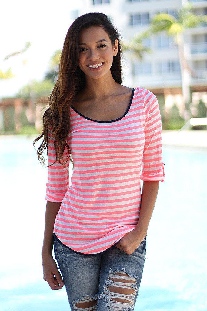 Neon Coral Striped Top With Back Bow
