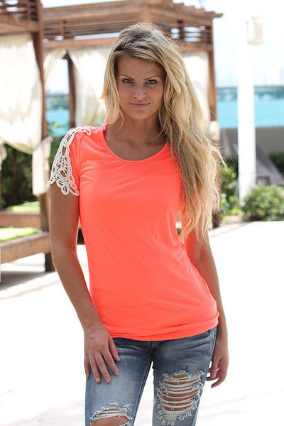 Neon Coral Top With Crochet Sleeves