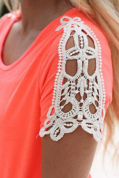 Neon Coral Top With Crochet Sleeves