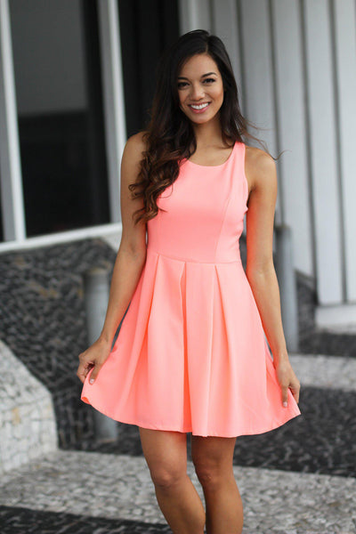 Neon Peach Short Dress with Open Back