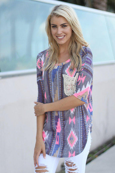 Neon Pink And Gray Top With Crochet Pocket