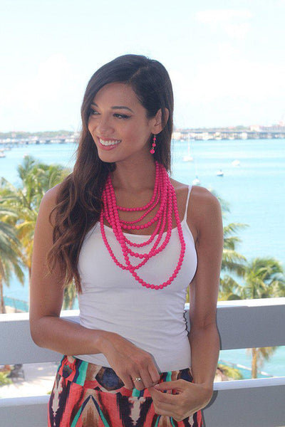 Neon Pink Beaded Necklace and Earrings