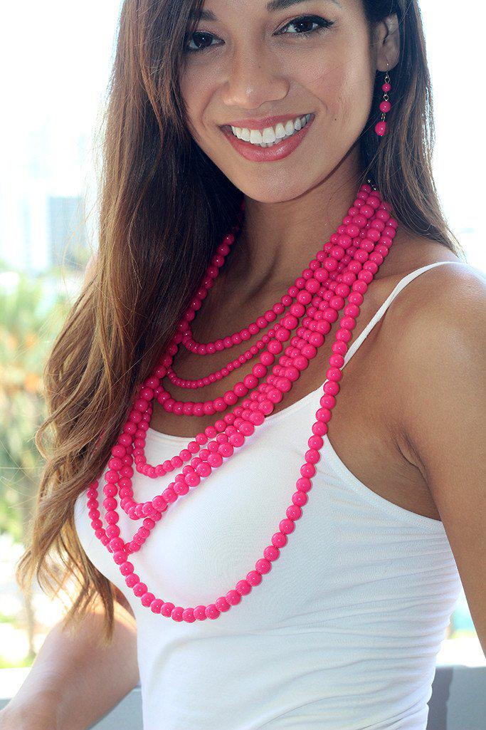 Neon Pink Beaded Necklace and Earrings