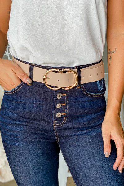 nude belt with gold buckle