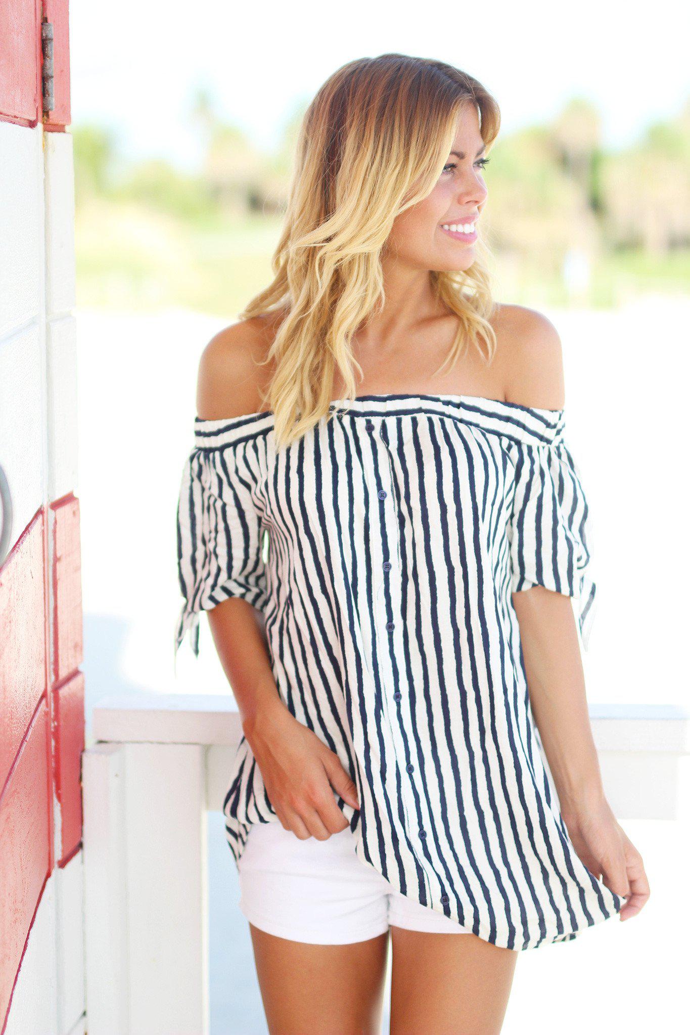 Navy and White Off Shoulder Top with Buttons