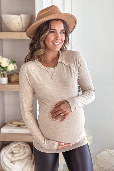 oatmeal maternity top with long sleeves