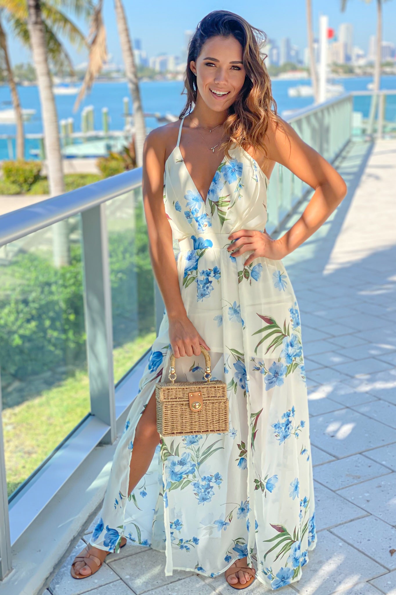 off white and blue floral cute maxi dress