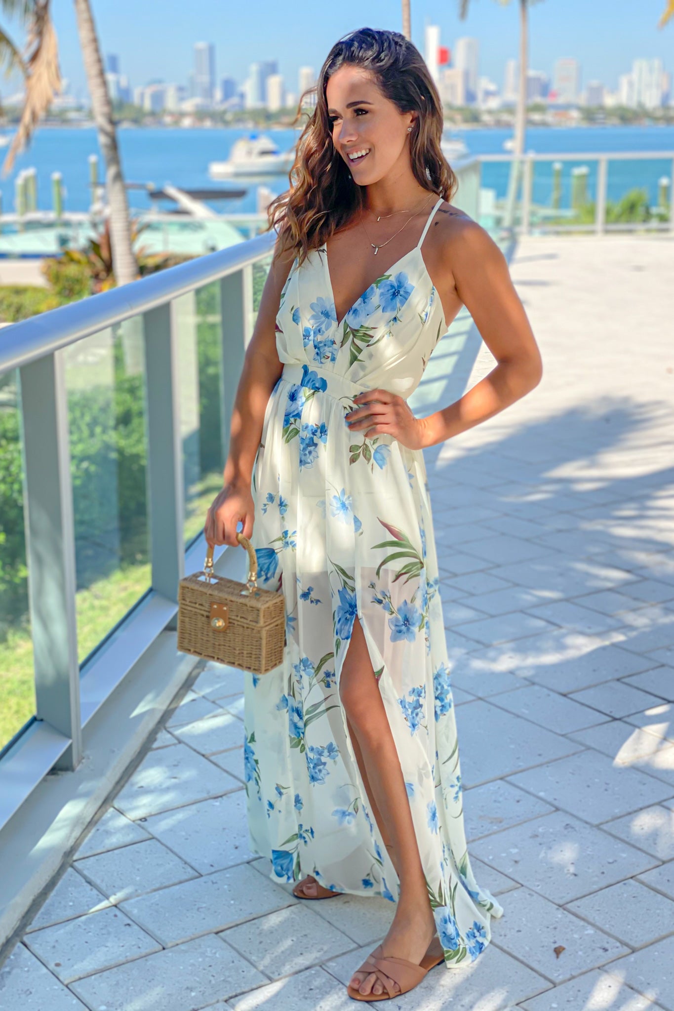 off white and blue floral maxi