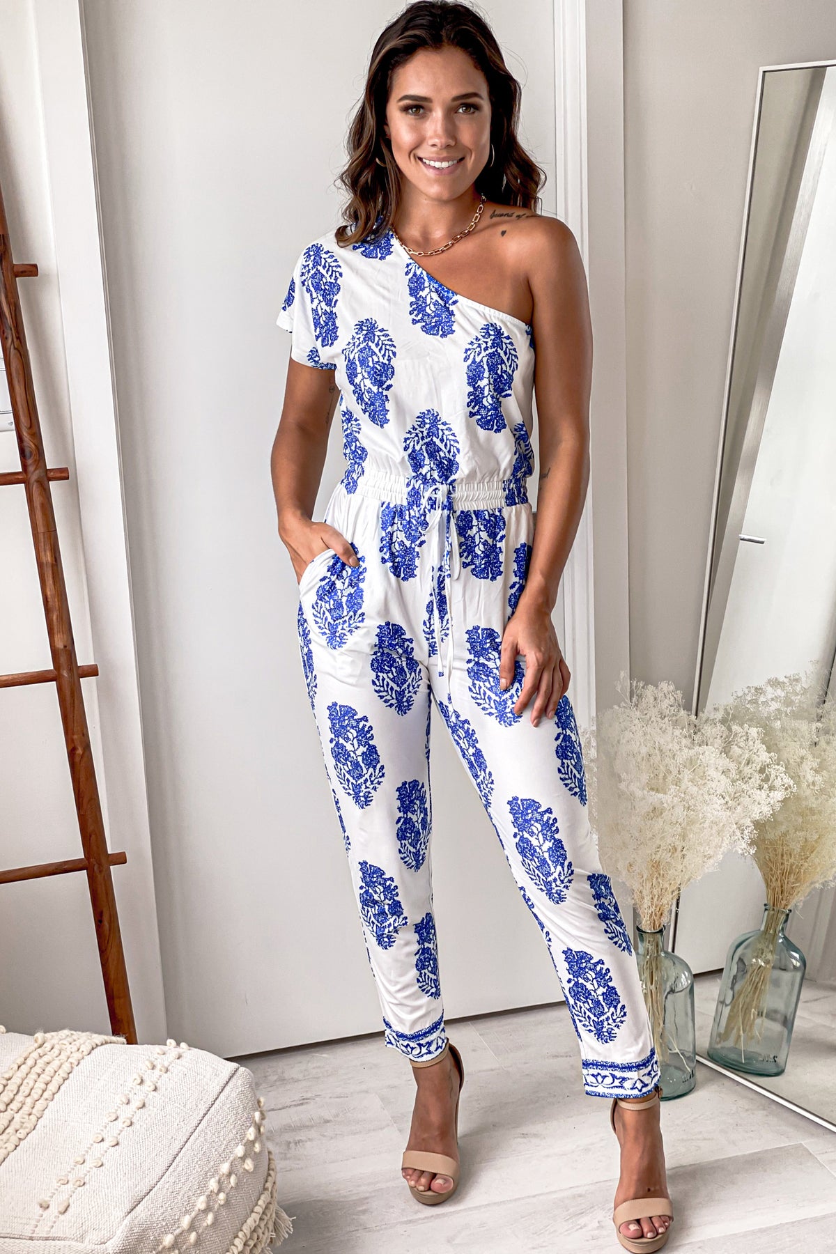 Off White And Blue Printed One Shoulder Jumpsuit | Jumpsuits – Saved by ...