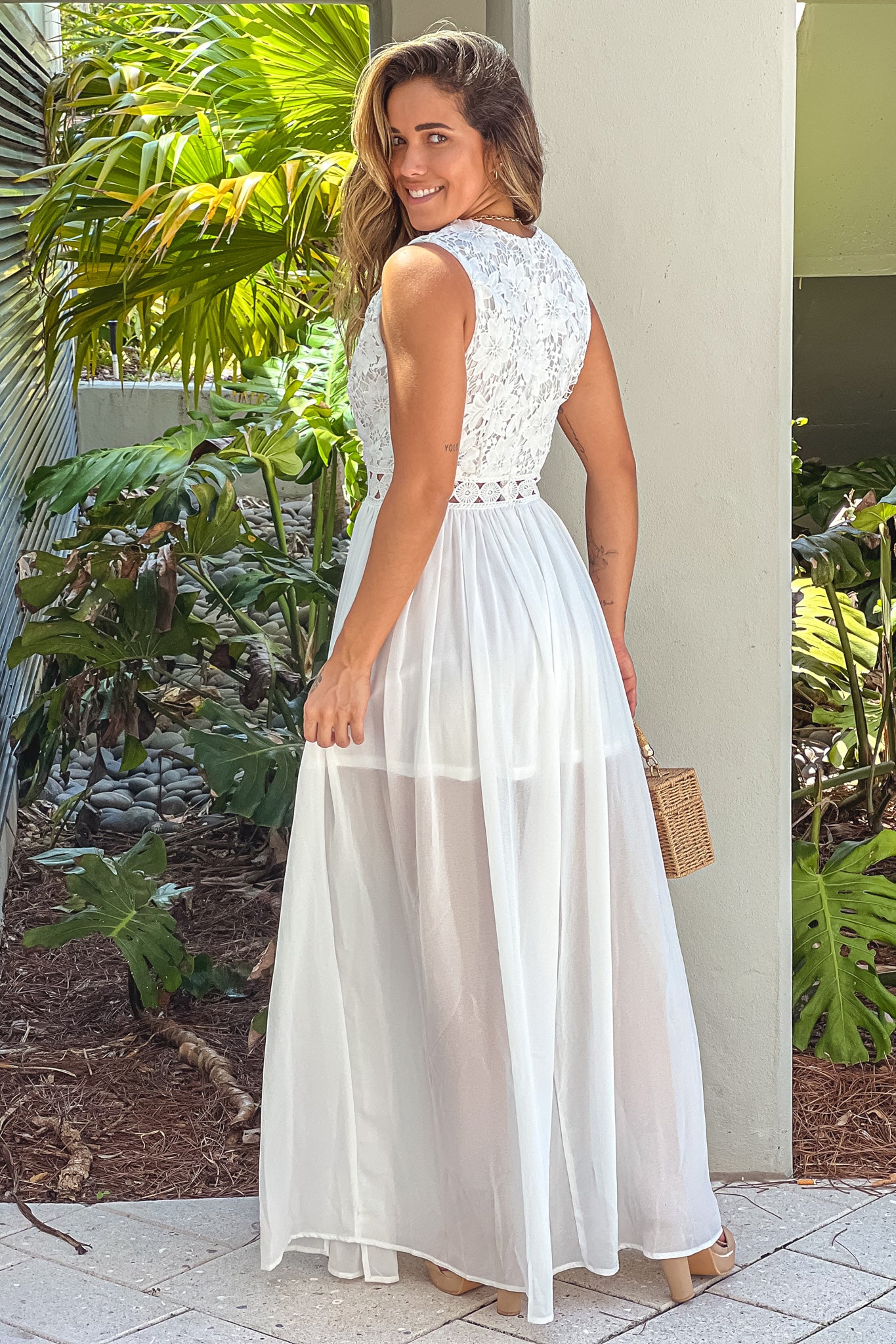 off white crochet maxi dress with slit