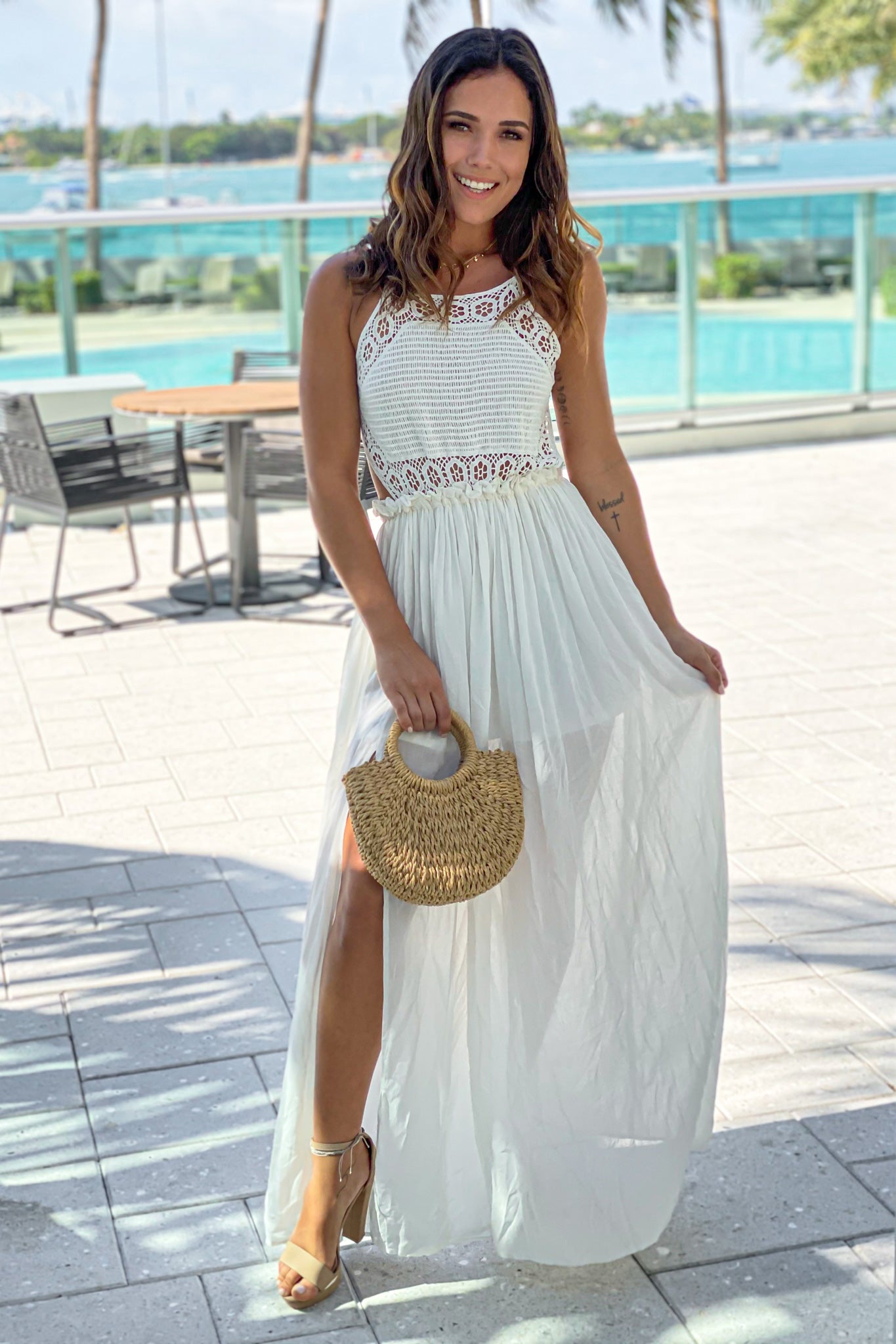 off white crochet top maxi dress with slit