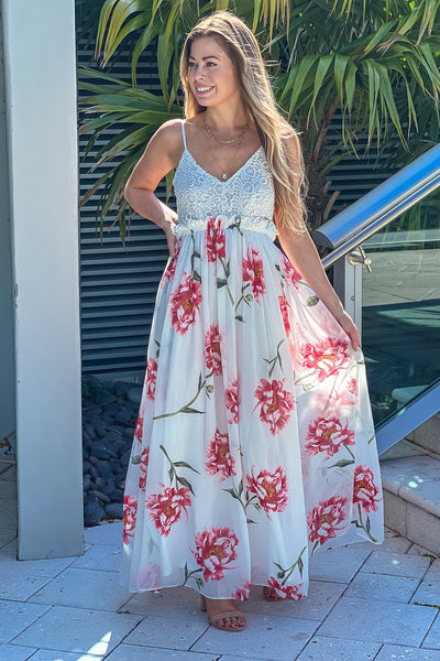 off white floral crochet top maxi dress with open back