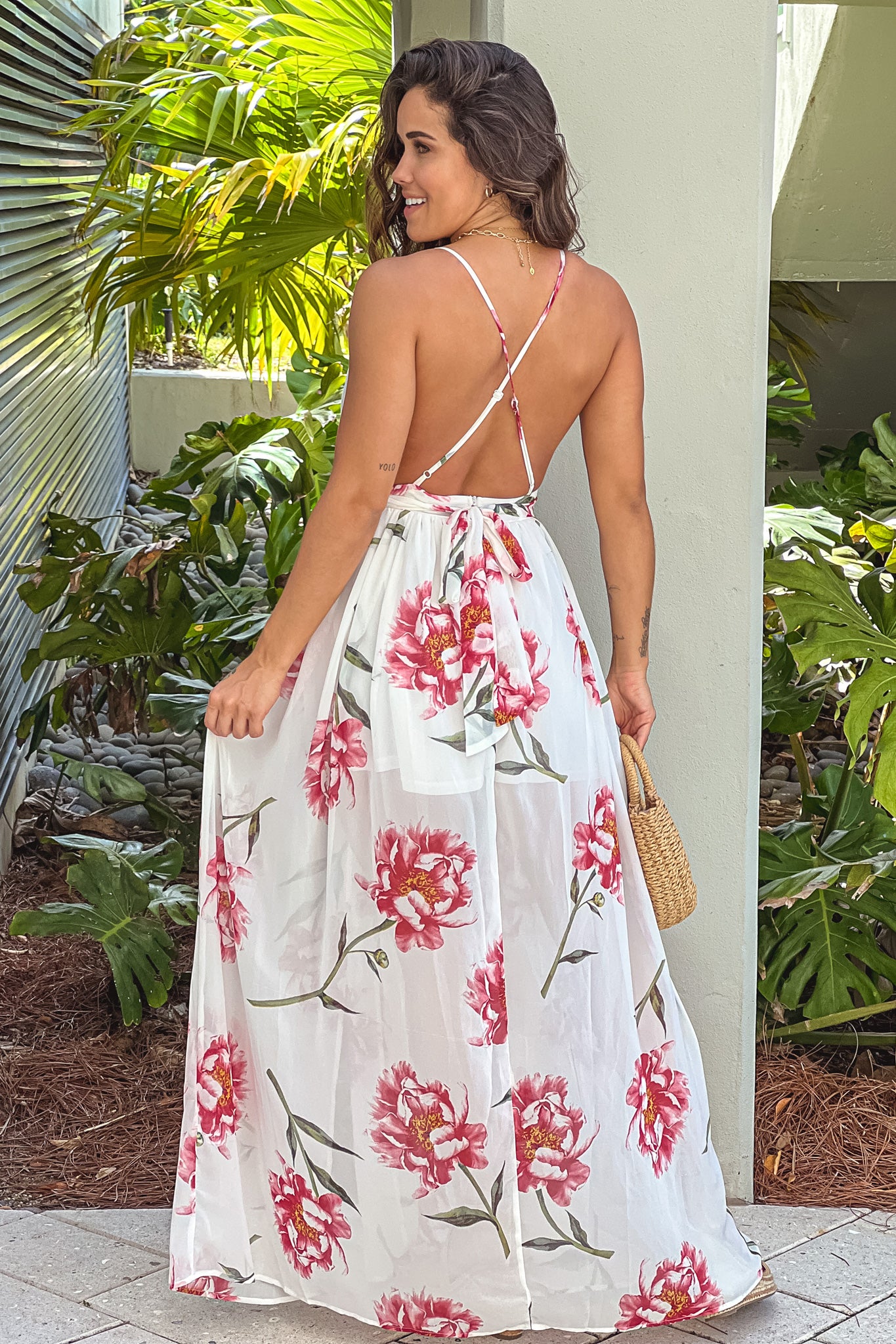 off white floral maxi dress with criss cross back
