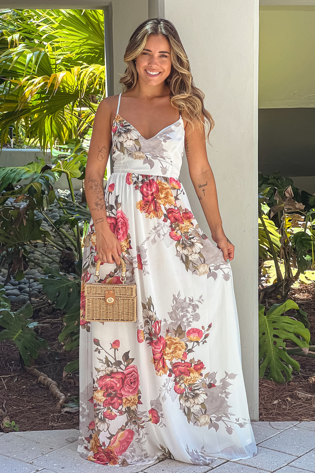 Off White Floral Maxi Dress With Lace Up Back