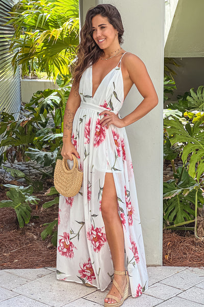 off white floral maxi dress with slit