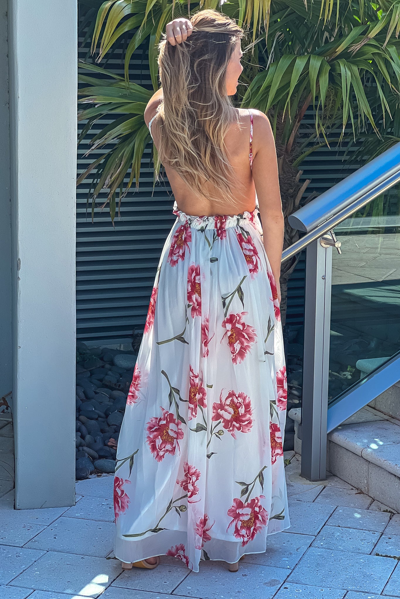 off white floral open back maxi dress